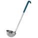 A Vollrath stainless steel ladle with a teal handle.