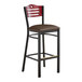 A Lancaster Table & Seating black bistro bar stool with a mahogany wood back and dark brown vinyl seat.