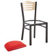 A Lancaster Table & Seating black bistro chair with a red vinyl seat and natural wood back.