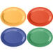 A group of colorful oval melamine platters in blue, green, yellow, and purple.