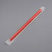 A red pointed plastic straw in plastic wrapper.