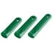 A group of green silicone pan handle sleeves with holes in them.