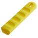 A yellow removable silicone sleeve with a hole for a pan handle.