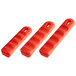 Red removable silicone pan handle sleeves for 7" and 8", 10" and 12", and 14" fry pans.