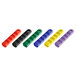 A group of black, red, yellow, purple, and blue silicone pan handle sleeves.