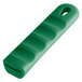 A green removable silicone pan handle sleeve with a hole in the handle.
