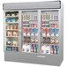 A Beverage-Air MarketMax refrigerator with glass doors displaying a variety of products.