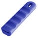 A blue silicone pan handle sleeve with a hole for a handle.
