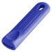 A blue silicone pan handle sleeve with a hole for a handle.