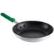A Choice aluminum non-stick frying pan with a green silicone handle.