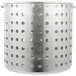 A silver stainless steel fryer basket with holes.