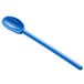 A blue plastic spoon with a blue handle.