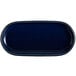 An Acopa Azora blue stoneware oblong coupe platter with a black rim.