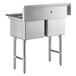 A Regency stainless steel two compartment commercial sink on stainless steel legs and cross bracing.