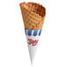 A JOY large waffle cone with a white wrapper with blue and red stripes.