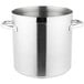A large silver Vollrath stainless steel stock pot with handles.