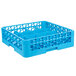 A blue plastic Carlisle OptiClean cup rack with holes.