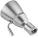 A close up of a Zurn satin nickel shower head with a metal nozzle.
