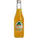 A close up of a Jarritos Passion Fruit soda bottle with orange liquid inside. The label is orange and white.