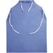 A blue plastic apron with white string ties.