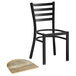 A black Lancaster Table & Seating ladder back chair with a driftwood seat next to it.