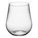 A Visions clear plastic stemless wine glass on a white background.