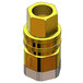 A gold and silver hexagonal nut with a brass threaded end.