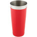 A red stainless steel cocktail shaker tin with silver trim.