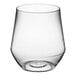 A clear plastic stemless wine glass with a small bottom.