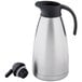 A Tablecraft stainless steel coffee carafe with a black cap.