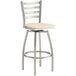 A Lancaster Table & Seating swivel bar stool with a natural wood seat and metal frame.