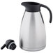 A stainless steel Tablecraft coffee carafe with a black lid.