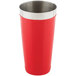 A red stainless steel cocktail shaker tin.