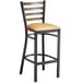 A Lancaster Table & Seating copper metal ladder back bar stool with a light brown cushion.
