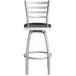 A Lancaster Table & Seating bar stool with a black wood seat and silver ladder back.
