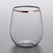 A Visions clear plastic stemless wine glass with a rose gold rim.