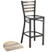 A Lancaster Table & Seating distressed copper finish metal ladder back bar stool with a driftwood seat.