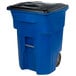 A blue Toter rectangular trash can with a black lid.