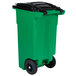 A lime green Toter trash can with black wheels.