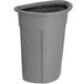 A grey plastic Toter half round trash can with a black lid.