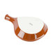A brown and white ceramic CAC Festiware fry pan plate with a brown and white background.
