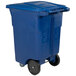 A blue Toter rectangular trash can with wheels.