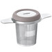 An OXO stainless steel tea infuser basket with a grey lid.