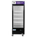 An Avantco black swing glass door refrigerator with customizable panel on wheels.