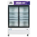 An Avantco white merchandiser refrigerator with glass doors.