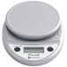 A grey and silver San Jamar digital portion scale with a screen.