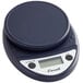 A black electronic scale with a round blue top.