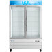 An Avantco white glass door ice merchandiser with customizable panel.