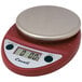 A red and silver round digital portion scale with a San Jamar logo.