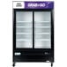 An Avantco black merchandising refrigerator with glass doors.